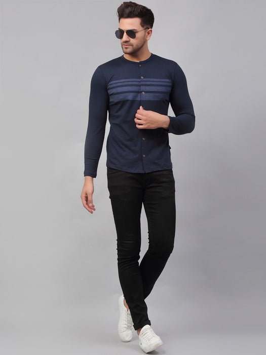 Navy Printed Stripe Full Sleeve Knitted Shirt