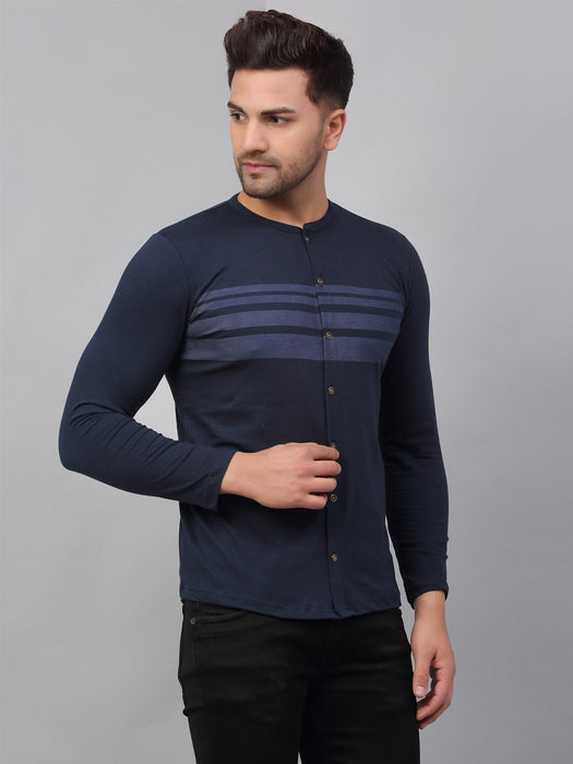 Navy Printed Stripe Full Sleeve Knitted Shirt