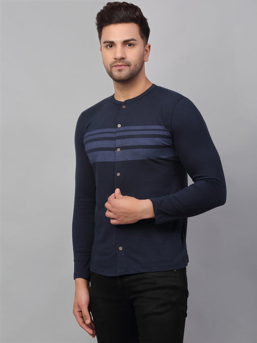 Navy Printed Stripe Full Sleeve Knitted Shirt