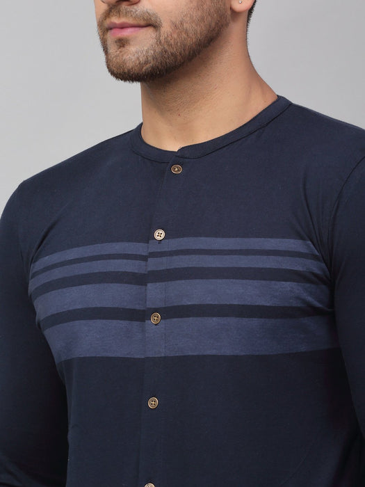 Navy Printed Stripe Full Sleeve Knitted Shirt