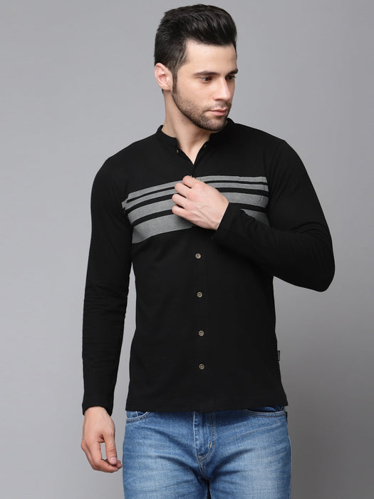 Printed Stripe Full Sleeve Knitted Shirt With Mandarin Collar