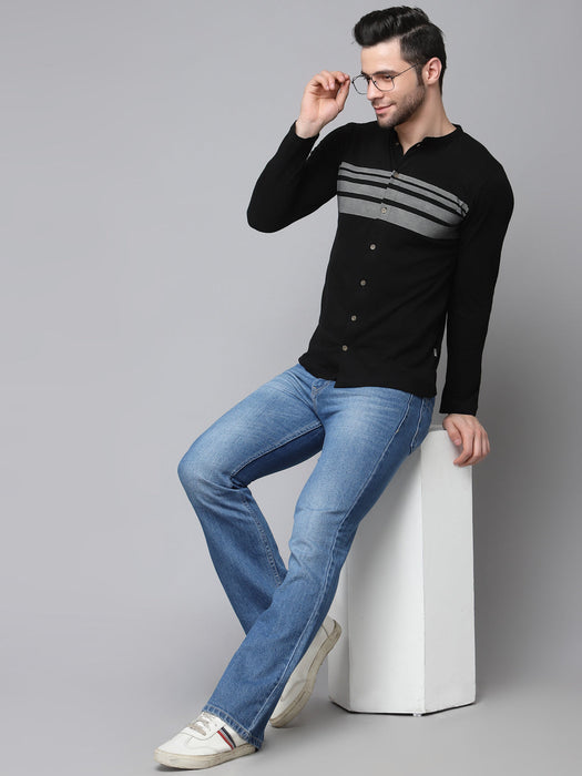 Printed Stripe Full Sleeve Knitted Shirt With Mandarin Collar