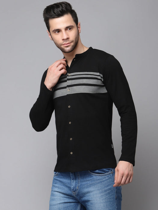 Printed Stripe Full Sleeve Knitted Shirt With Mandarin Collar