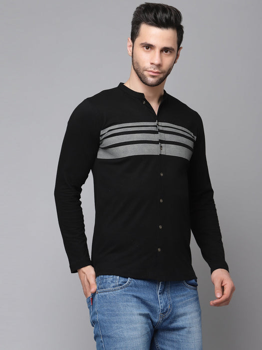 Printed Stripe Full Sleeve Knitted Shirt With Mandarin Collar