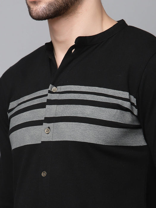 Printed Stripe Full Sleeve Knitted Shirt With Mandarin Collar