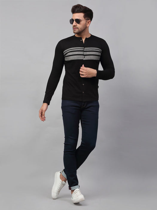 Black Printed Stripe Full Sleeve Knitted Shirt