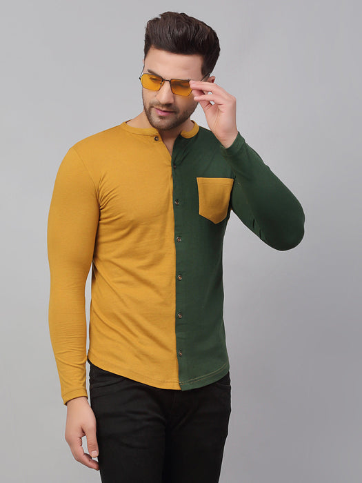 Mustard Bottle Green Color Block Full Sleeve Knitted Shirt