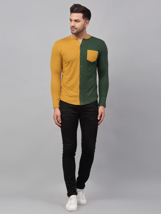 Mustard Bottle Green Color Block Full Sleeve Knitted Shirt