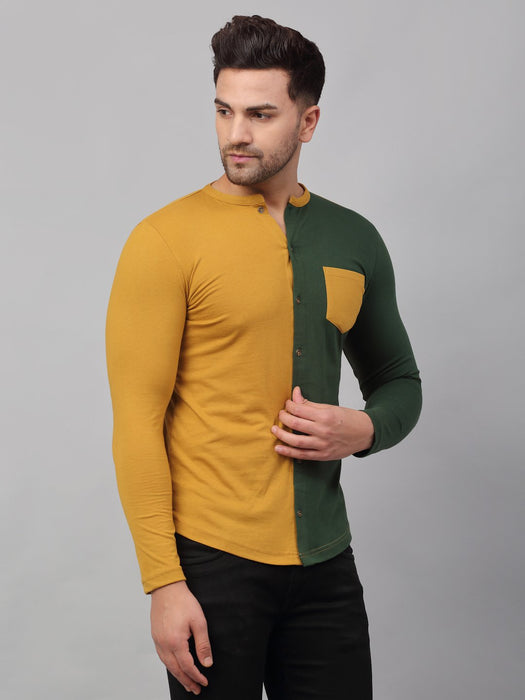 Mustard Bottle Green Color Block Full Sleeve Knitted Shirt