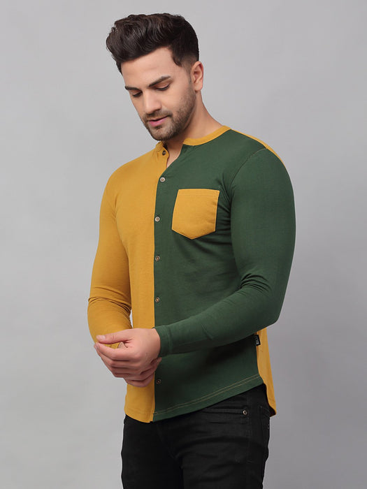 Mustard Bottle Green Color Block Full Sleeve Knitted Shirt