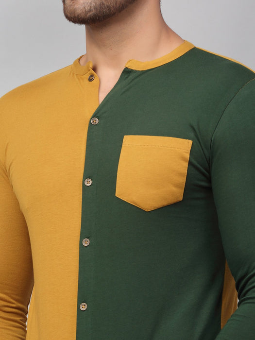 Mustard Bottle Green Color Block Full Sleeve Knitted Shirt