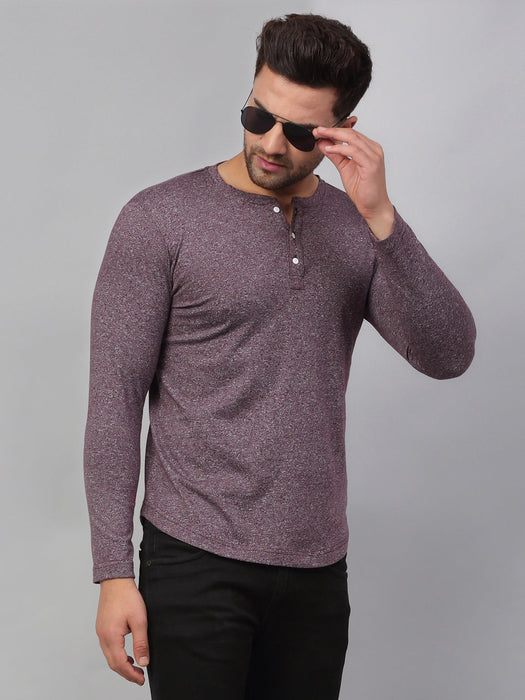 Maroon Self Textured Stripe Full Sleeve Henley Neck T-Shirt