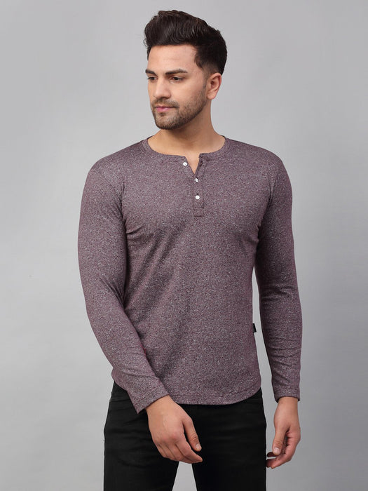 Maroon Self Textured Stripe Full Sleeve Henley Neck T-Shirt