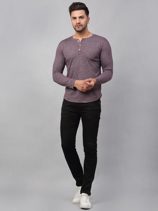 Maroon Self Textured Stripe Full Sleeve Henley Neck T-Shirt