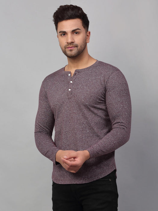 Maroon Self Textured Stripe Full Sleeve Henley Neck T-Shirt