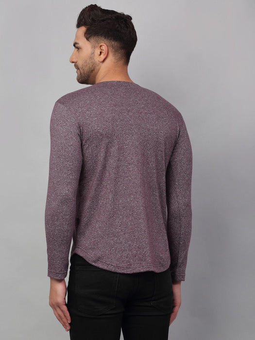 Maroon Self Textured Stripe Full Sleeve Henley Neck T-Shirt