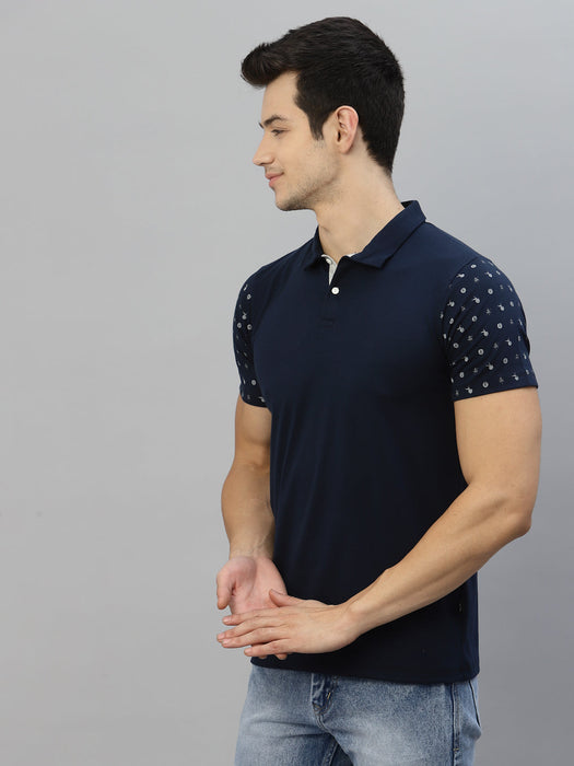 Navy Printed Polo Neck Half Sleeve T-Shirt