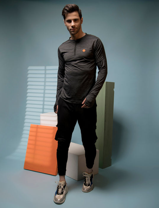 Charcoal Henley Neck Full Sleeve Activewear T-Shirt