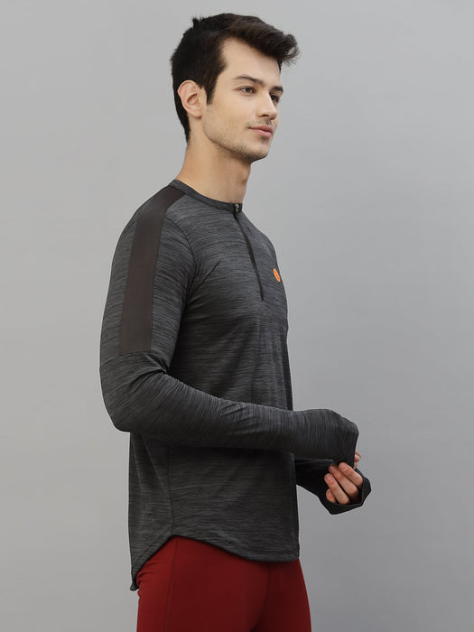 Charcoal Henley Neck Full Sleeve Activewear T-Shirt