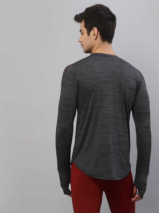 Charcoal Henley Neck Full Sleeve Activewear T-Shirt