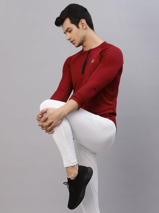 Maroon Henley Neck Full Sleeve Activewear T-Shirt