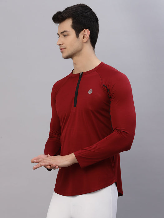 Maroon Henley Neck Full Sleeve Activewear T-Shirt