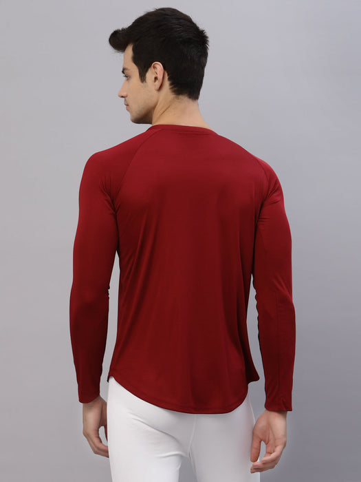 Maroon Henley Neck Full Sleeve Activewear T-Shirt