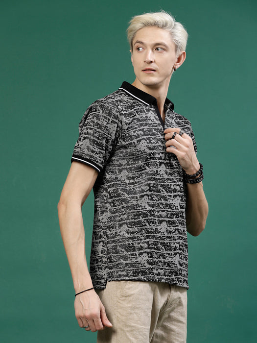 Men's Abstract Jacquard Polo High-Low T-Shirt