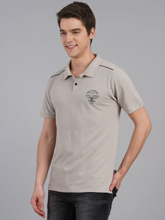 Light Grey Printed Polo Neck Half Sleeve T-Shirt