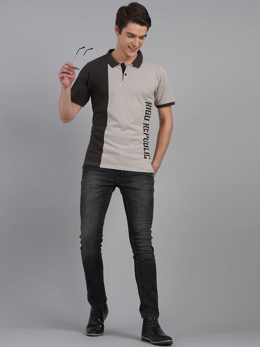 Light Grey Charcoal Color Block Printed Polo Neck Half Sleeve T-Shirt