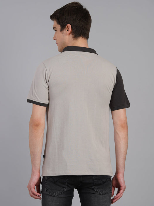 Light Grey Charcoal Color Block Printed Polo Neck Half Sleeve T-Shirt