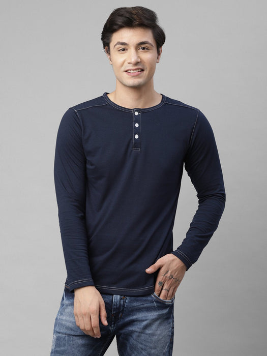 Black Henley Neck With Contrast Thread Detailing Cotton Full  Sleeve T-shirt