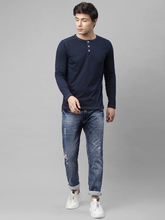 Black Henley Neck With Contrast Thread Detailing Cotton Full  Sleeve T-shirt