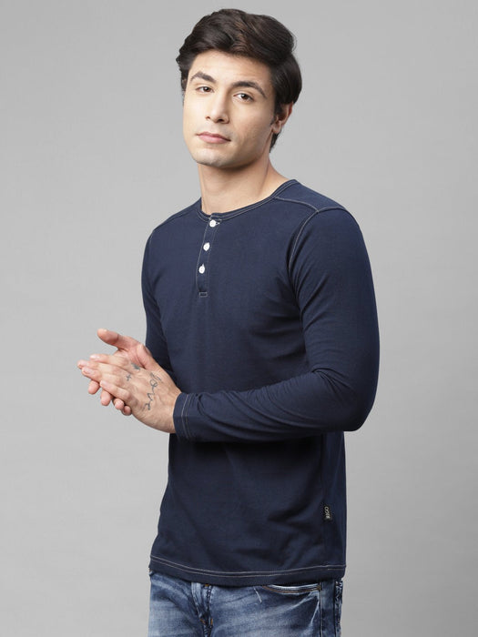 Black Henley Neck With Contrast Thread Detailing Cotton Full  Sleeve T-shirt