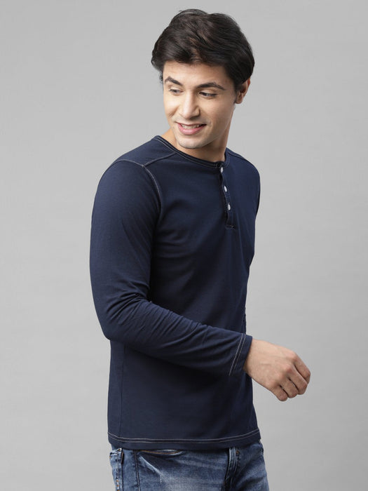 Black Henley Neck With Contrast Thread Detailing Cotton Full  Sleeve T-shirt