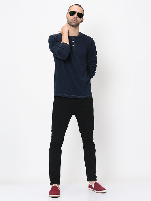 Contrast Stitch Detailing Henley Full Sleeve Tshirt For Men