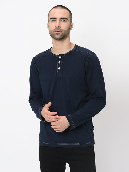 Contrast Stitch Detailing Henley Full Sleeve Tshirt For Men