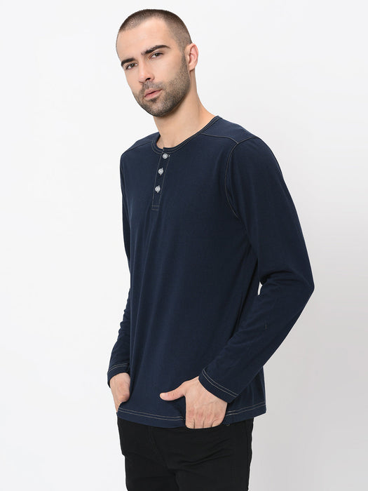 Contrast Stitch Detailing Henley Full Sleeve Tshirt For Men