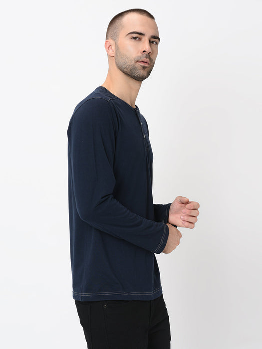 Contrast Stitch Detailing Henley Full Sleeve Tshirt For Men