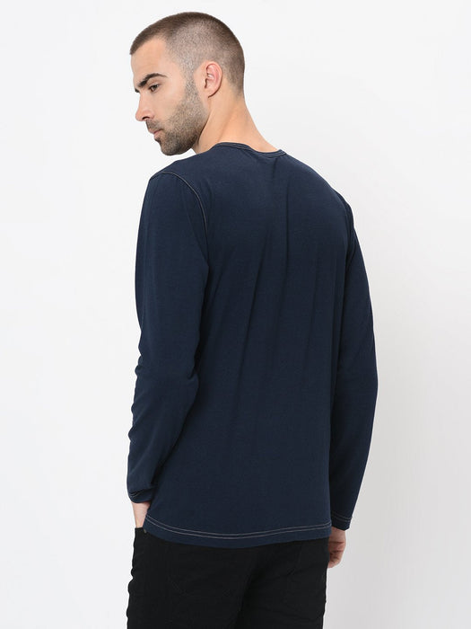 Contrast Stitch Detailing Henley Full Sleeve Tshirt For Men