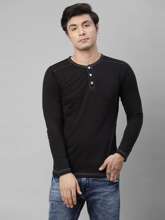 Black Henley Neck With Contrast Thread Detailing Cotton Full  Sleeve T-shirt