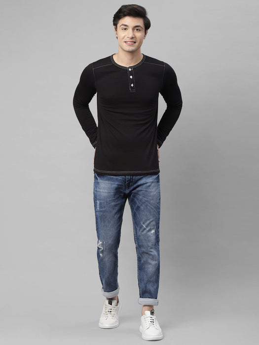 Black Henley Neck With Contrast Thread Detailing Cotton Full  Sleeve T-shirt