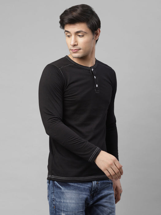 Black Henley Neck With Contrast Thread Detailing Cotton Full  Sleeve T-shirt