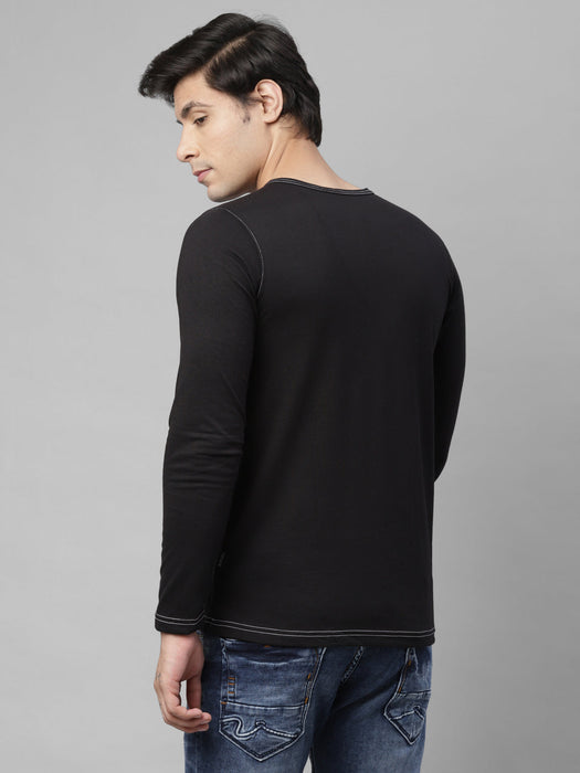 Black Henley Neck With Contrast Thread Detailing Cotton Full  Sleeve T-shirt