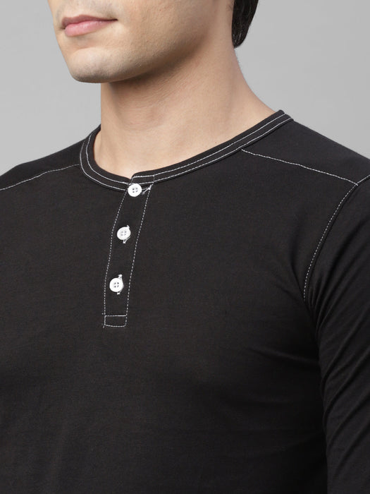 Black Henley Neck With Contrast Thread Detailing Cotton Full  Sleeve T-shirt