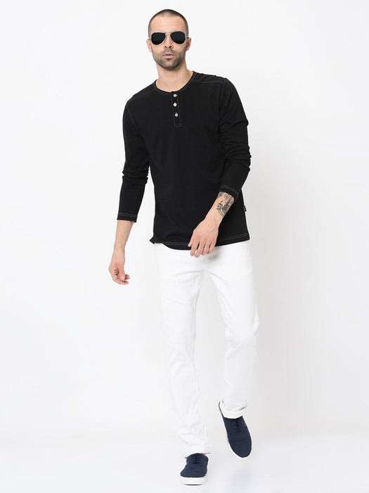 Contrast Stitch Detailing Henley Full Sleeve Tshirt For Men