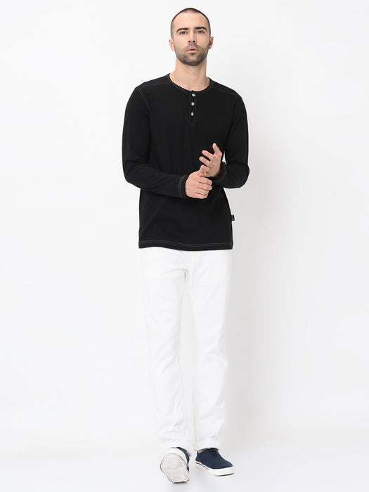 Contrast Stitch Detailing Henley Full Sleeve Tshirt For Men