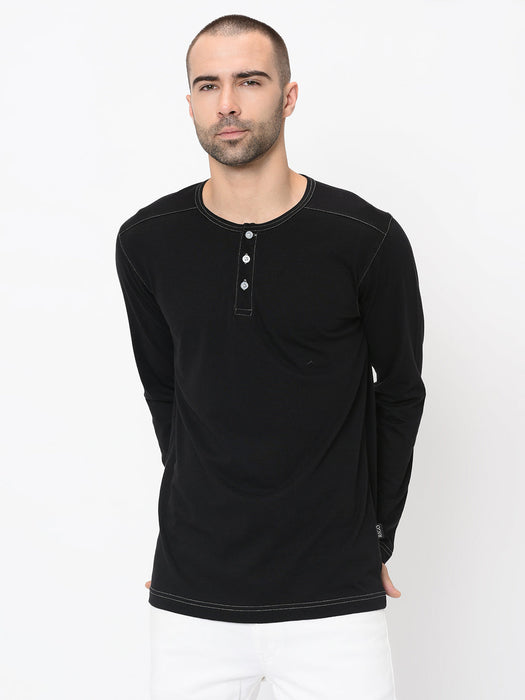 Contrast Stitch Detailing Henley Full Sleeve Tshirt For Men