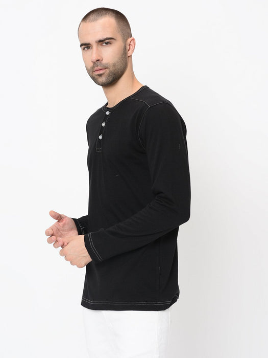 Contrast Stitch Detailing Henley Full Sleeve Tshirt For Men