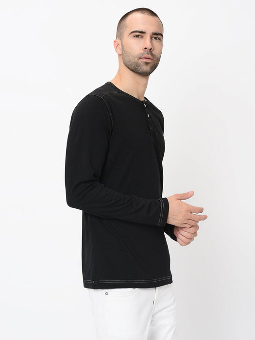 Contrast Stitch Detailing Henley Full Sleeve Tshirt For Men